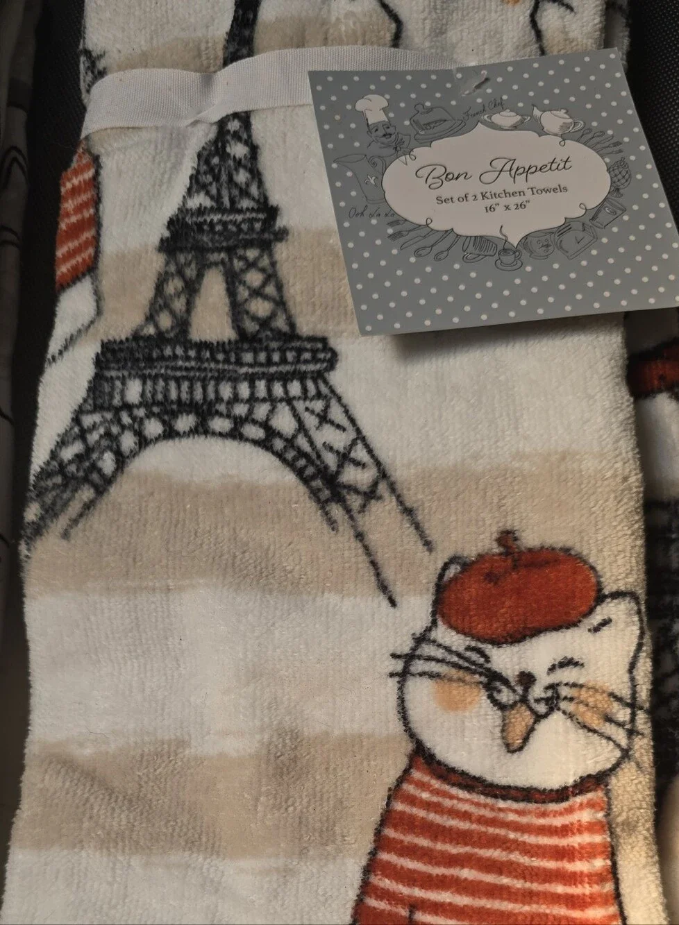 Set Of 2 Cats & Eiffel Tower Kitchen Towel - White & Orange Nwt Last 2 Sets